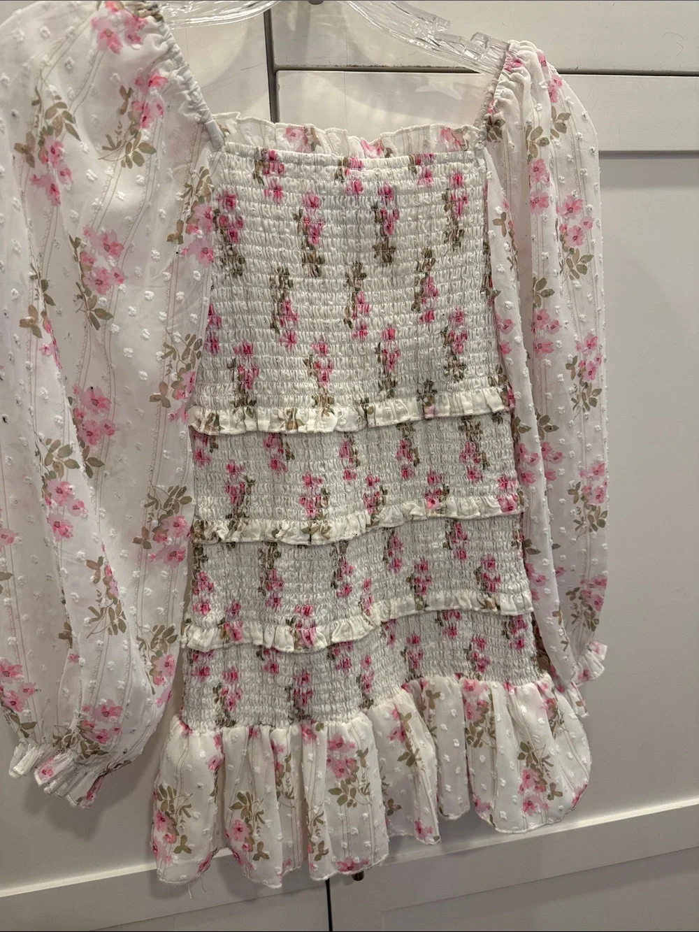 Katie J NYC White Floral Smocked Dress with Pink Blooms
